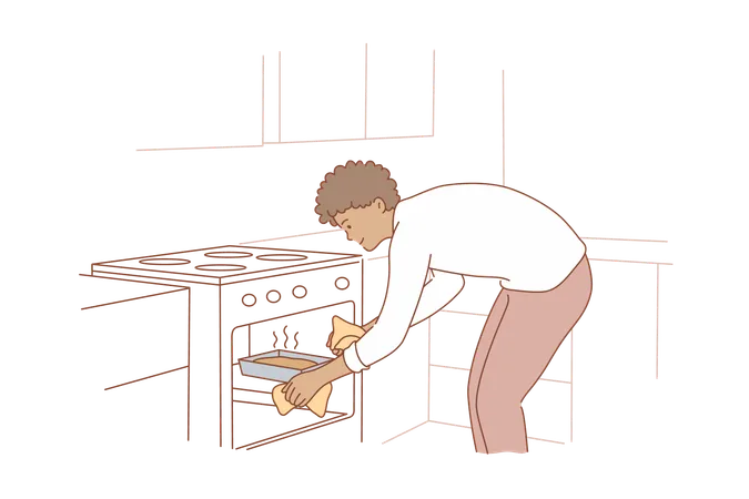 Cooking Food Hobby Housework Concept Young Happy Smiling African American Man Guy Household Cartoon Character Putting Hot Tray Bakery Cake In Oven Domestic Chores Or Healthy Lifetyle Illustration Illustration