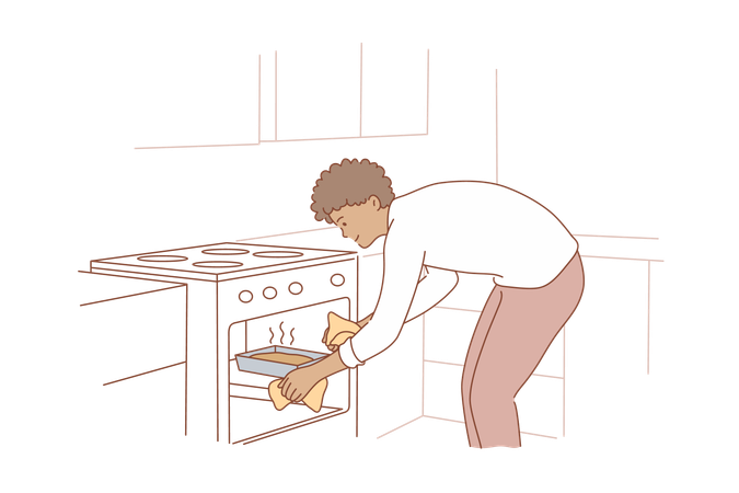 Man putting cake tray in oven  Illustration