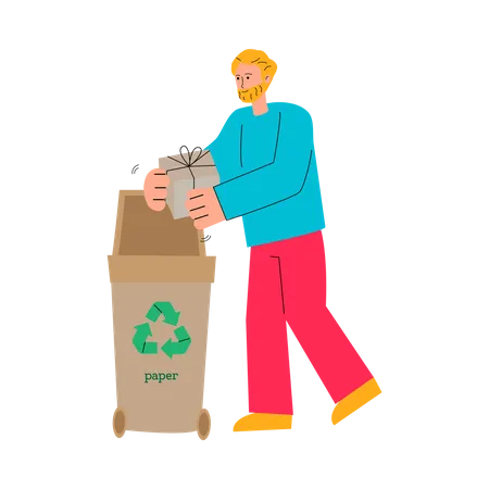 Man putting cardboard gift box in paper recycling bin  Illustration