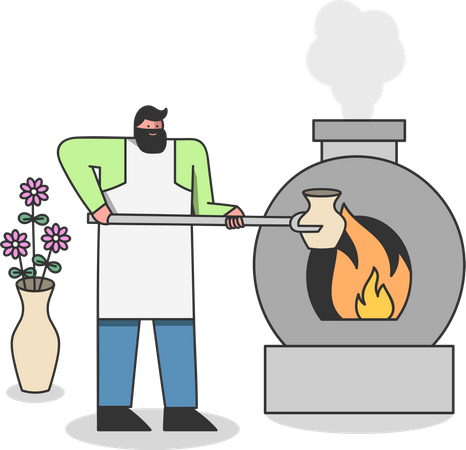 Man putting clay pot in fire burner  Illustration