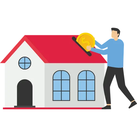 Man putting coin into house  Illustration