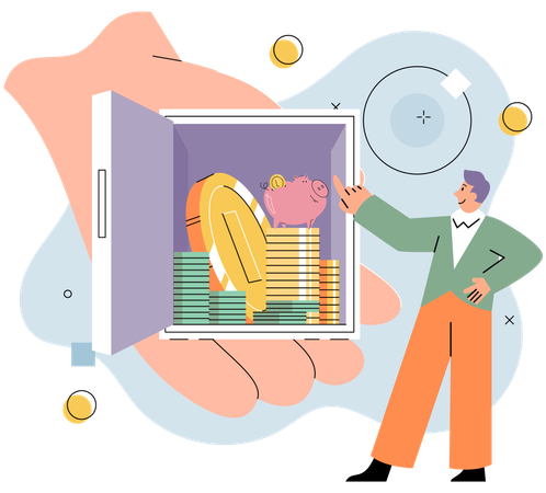 Man putting coin into strongbox  Illustration