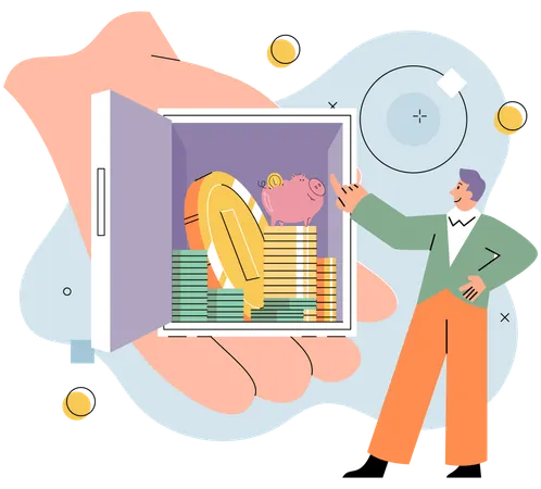 Man putting coin into strongbox  Illustration