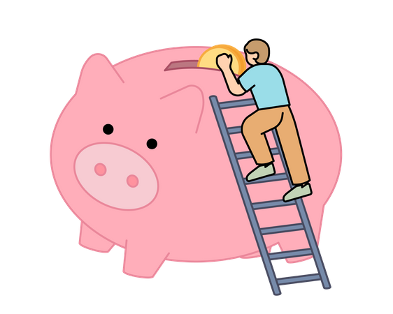 Man putting coins into a large piggy bank  Illustration
