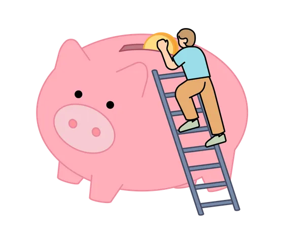 Man Putting Coins Into A Large Piggy Bank Simple Vector Illustration Illustration