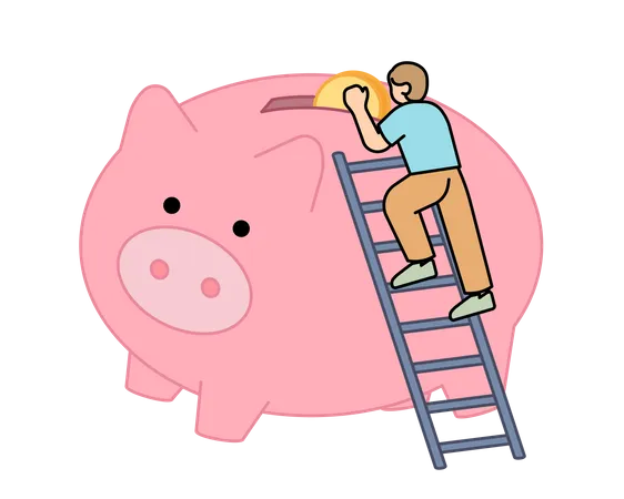 Man putting coins into a large piggy bank  Illustration