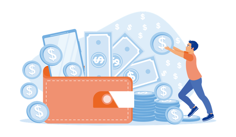 Man putting coins into wallets containing money and smartphones  Illustration