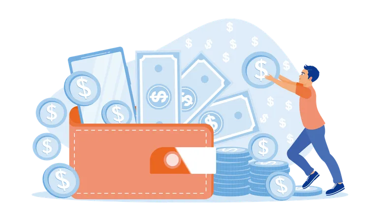 Man putting coins into wallets containing money and smartphones  Illustration