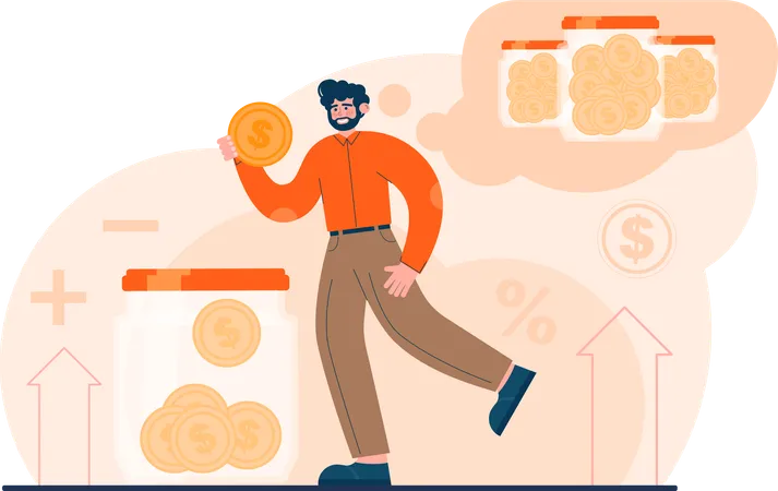 Man putting dollar in money jar  Illustration