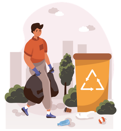 Man putting garbage in bag Illustration