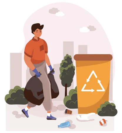 Man putting garbage in bag Illustration