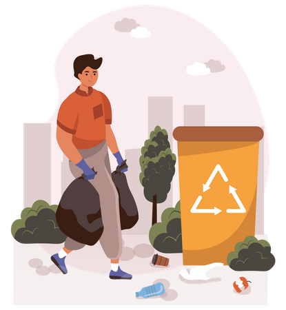 Man putting garbage in bag  Illustration