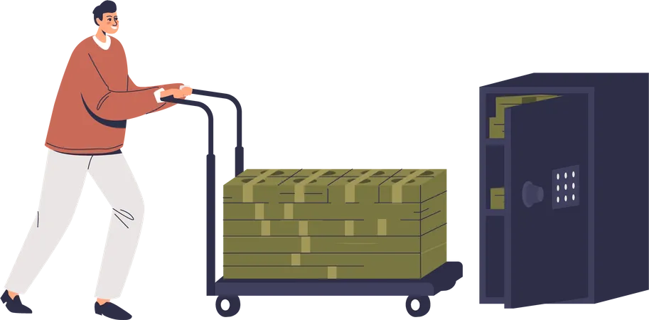 Business Man Pull Trolley Full Of Money To Big Safe Cartoon Businessman Loading Cash In Safe Box Financial Success And Wealth Concept Flat Vector Illustration Illustration