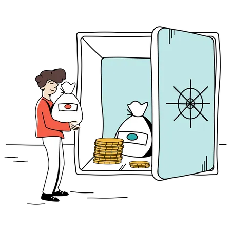 Man putting money in bank locker  Illustration