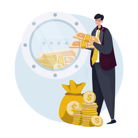 Man putting money in bank vault  Illustration