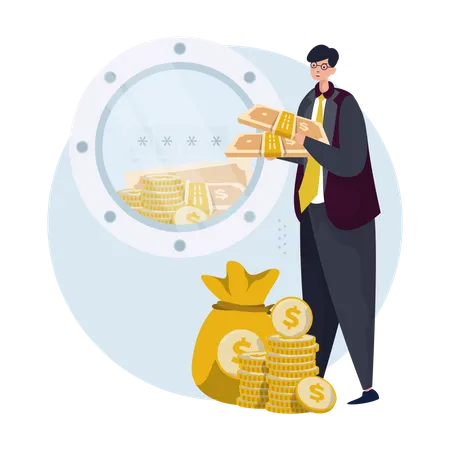 Man putting money in bank vault  Illustration