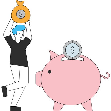 Man putting money in piggy bank Illustration