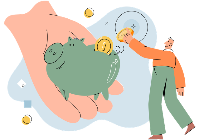 Man putting money in piggy bank  Illustration