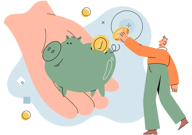 Man putting money in piggy bank  Illustration