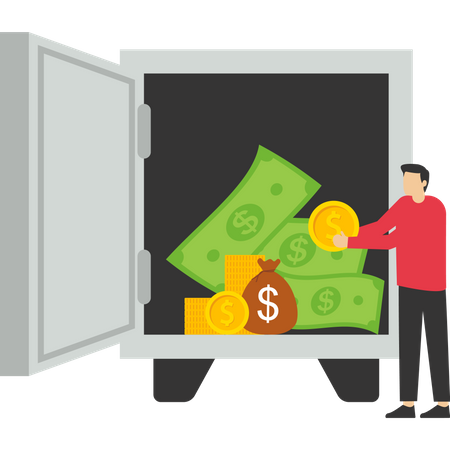 Man putting money in safe  Illustration