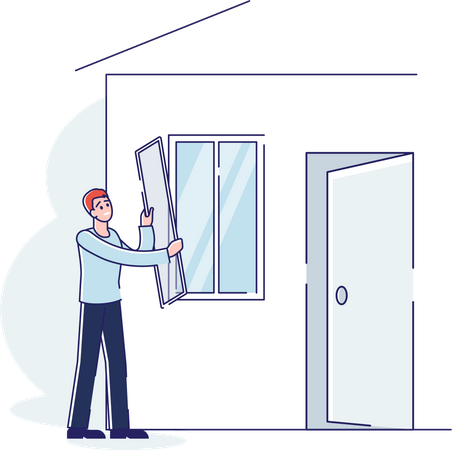 Man putting mosquito net on window to protect from insects  Illustration