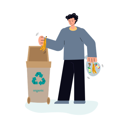 Man putting recycling food waste in in garbage can  イラスト