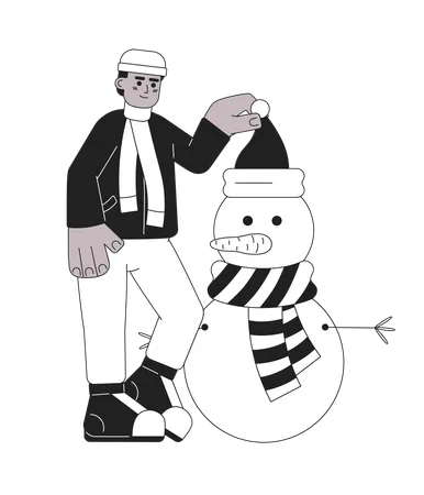 African American Man Putting Santa Hat On Snowman Head Black And White 2 D Cartoon Character Winter Outerwear Black Guy Isolated Vector Outline Person Festive Monochromatic Flat Spot Illustration Illustration