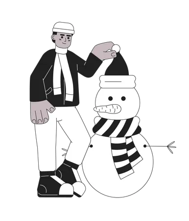 Man putting santa hat on snowman head  Illustration