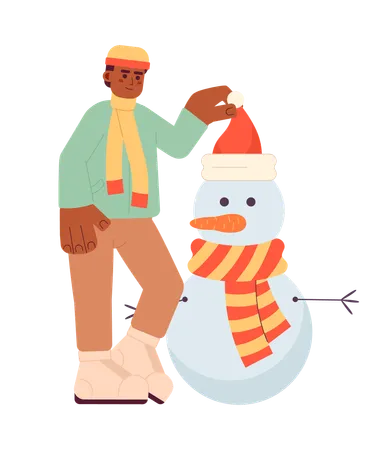 Man putting santa hat on snowman head  Illustration