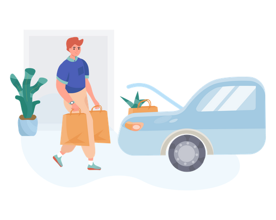 Man Putting Shopping Bag in Car Illustration