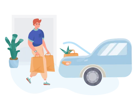 Man Putting Shopping Bag in Car Illustration