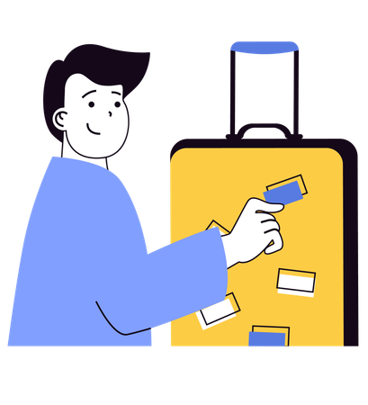 Man putting sticker on travel bag  Illustration