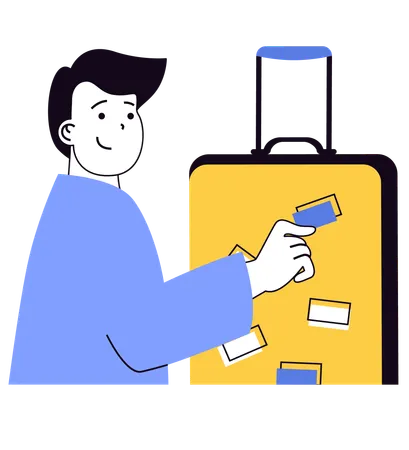 Man putting sticker on travel bag  Illustration