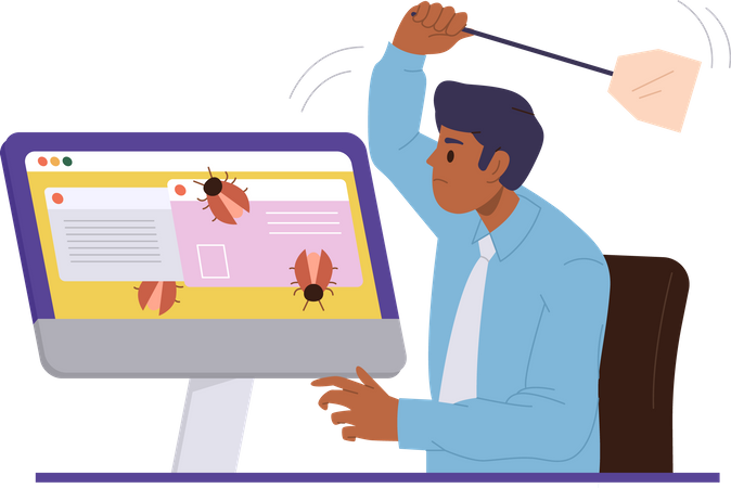 Man quality assurance worker catching bugs on computer screen  Illustration