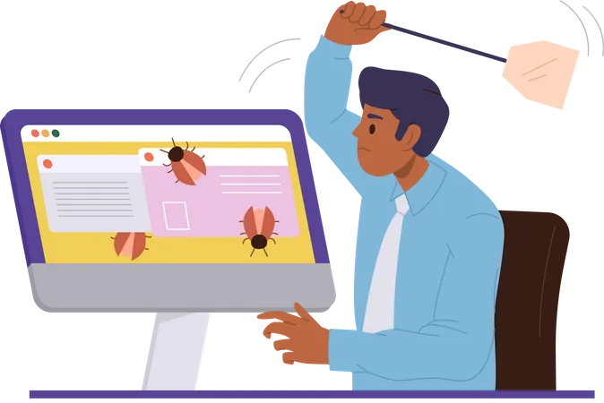 Man quality assurance worker catching bugs on computer screen  Illustration