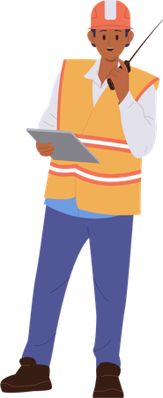 Man railroader traffic controller talking to walkie-talkie checking and inspecting subway work  Illustration