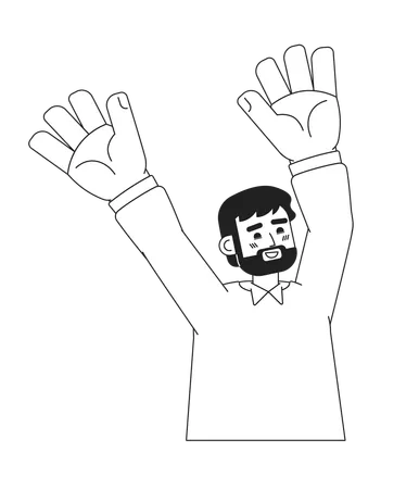 Man Raising Hands Up Monochromatic Flat Vector Character Cheerful Caucasian Boy Editable Thin Line Half Body Person On White Simple Bw Cartoon Spot Image For Web Graphic Design Illustration