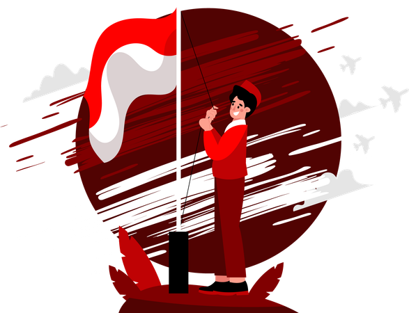 Man raising Indonesian flag  Illustration