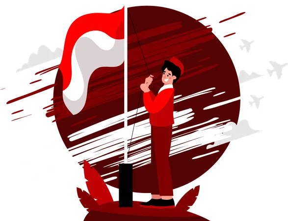 Man raising Indonesian flag  Illustration