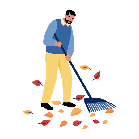 Man raking leaves from floor  Illustration