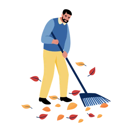 Man raking leaves from floor  Illustration