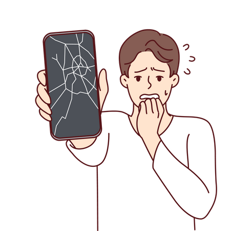 Man reacts to broken phone by bringing hand to mouth and experiencing shock due to breakdown  Illustration