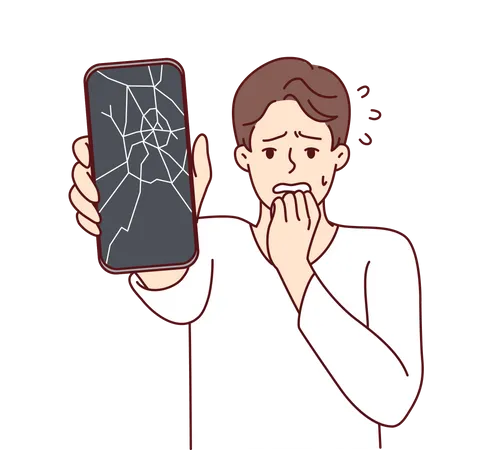 Man reacts to broken phone by bringing hand to mouth and experiencing shock due to breakdown  Illustration