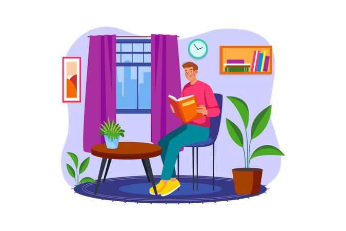 Man reading a book at home Illustration
