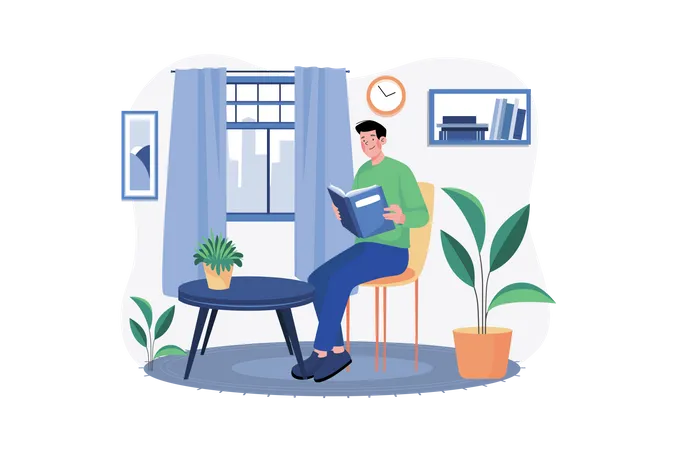 Man reading a book at home  Illustration