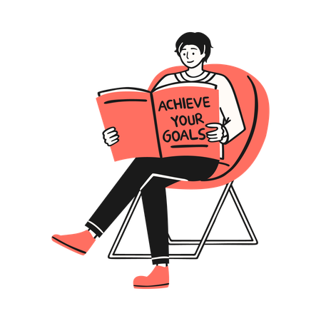 Man reading a book titled Achieve Your Goals,  Illustration