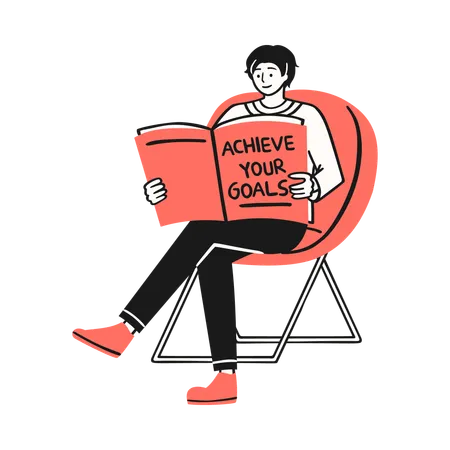 Man reading a book titled Achieve Your Goals,  Illustration