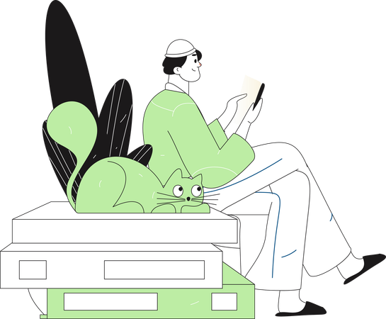 携帯電話で電子書籍を読んでいる男性  イラスト