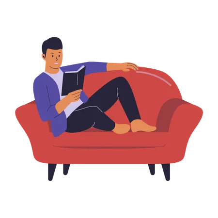 Vector Character Of Man Reading A Book On A Sofa Vector Flat Illustration 일러스트레이션