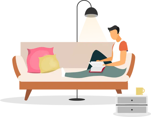 Man Entrepreneur Manager Businessman Male Reading Book Flat Vector Illustration Isolated Cartoon Character On White Background Pastime Leisure Person Sitting On Sofa Relaxing With Night Lamp Illustration